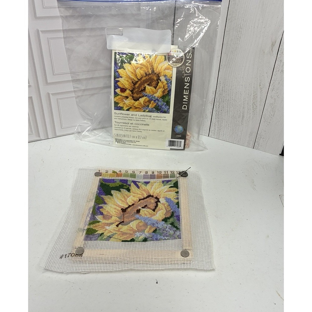 Vintage Dimensions Sunflower Ladybug Needlepoint Kit Partially Stitched 5x5
